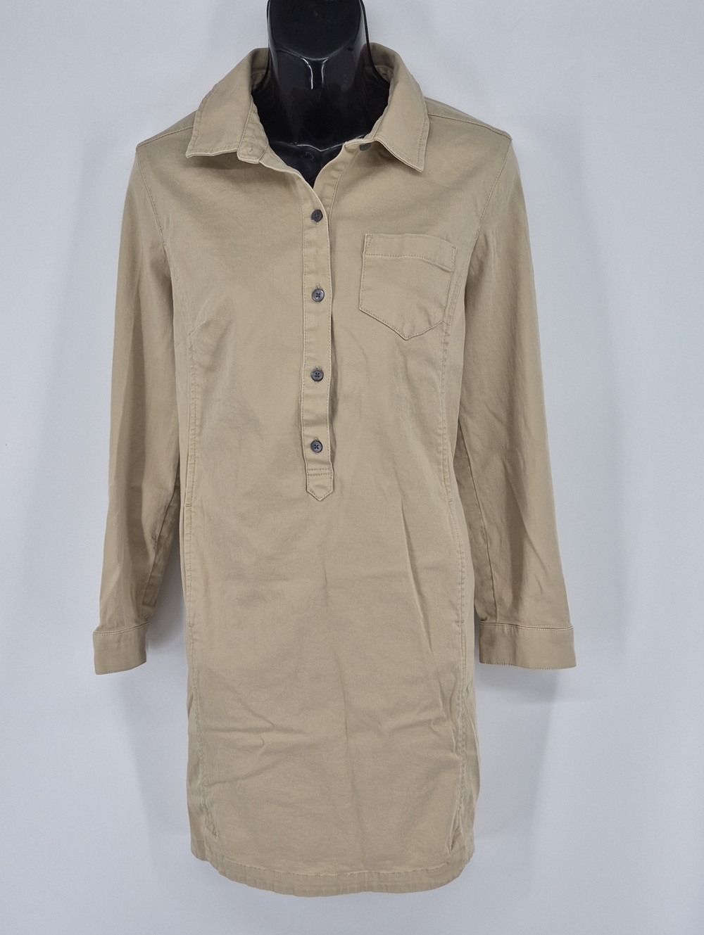J JILL Live-In Chino Shirt Dress Long Sleeve 1/2 Button Up Tan Size 8 Petite